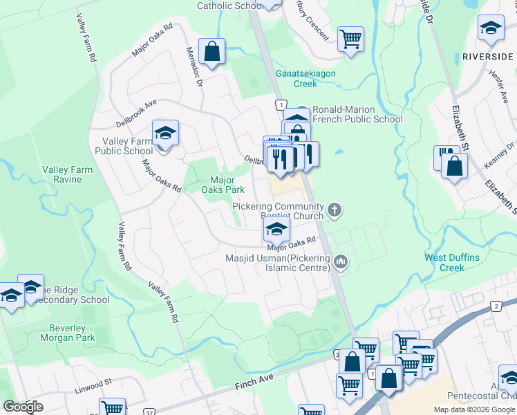 map of restaurants, bars, coffee shops, grocery stores, and more near Denby Drive in Pickering