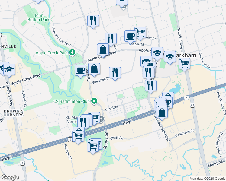 map of restaurants, bars, coffee shops, grocery stores, and more near 14 Saint Moritz Way in Markham