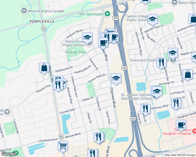 map of restaurants, bars, coffee shops, grocery stores, and more near 107 Venice Gate Drive in Vaughan