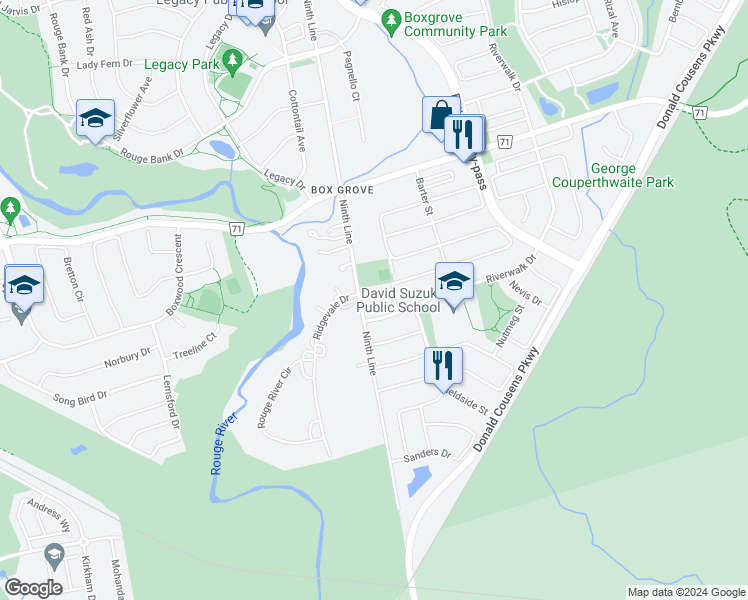 map of restaurants, bars, coffee shops, grocery stores, and more near 7605 Ninth Line in Markham