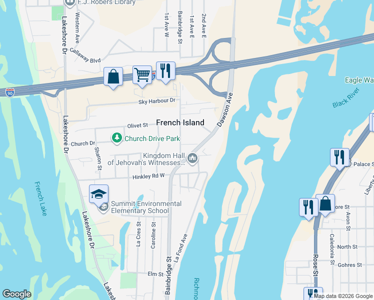 map of restaurants, bars, coffee shops, grocery stores, and more near 100 Church Drive in La Crosse