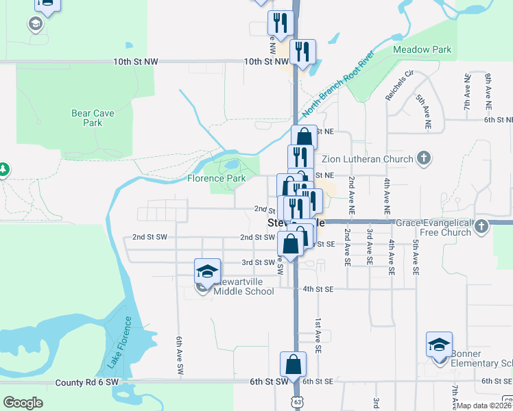 map of restaurants, bars, coffee shops, grocery stores, and more near 312 Lakeshore Drive in Stewartville
