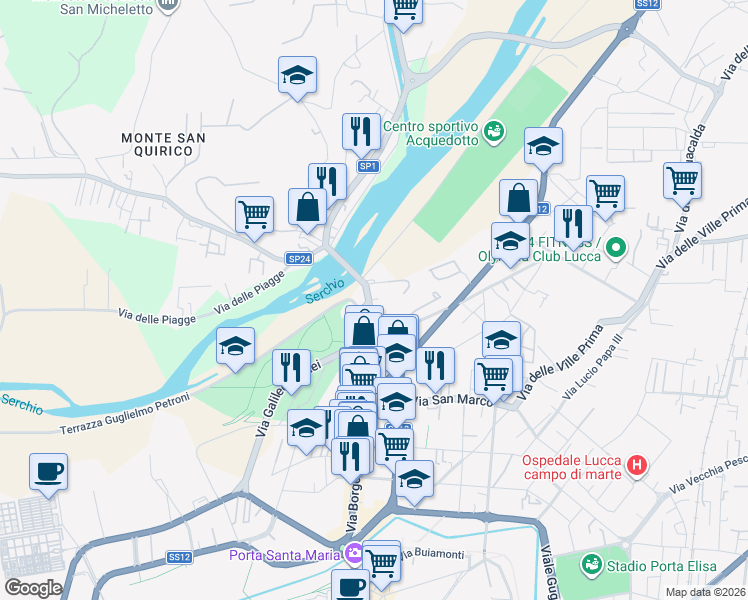 map of restaurants, bars, coffee shops, grocery stores, and more near 50 Via Della Macchia in Lucca
