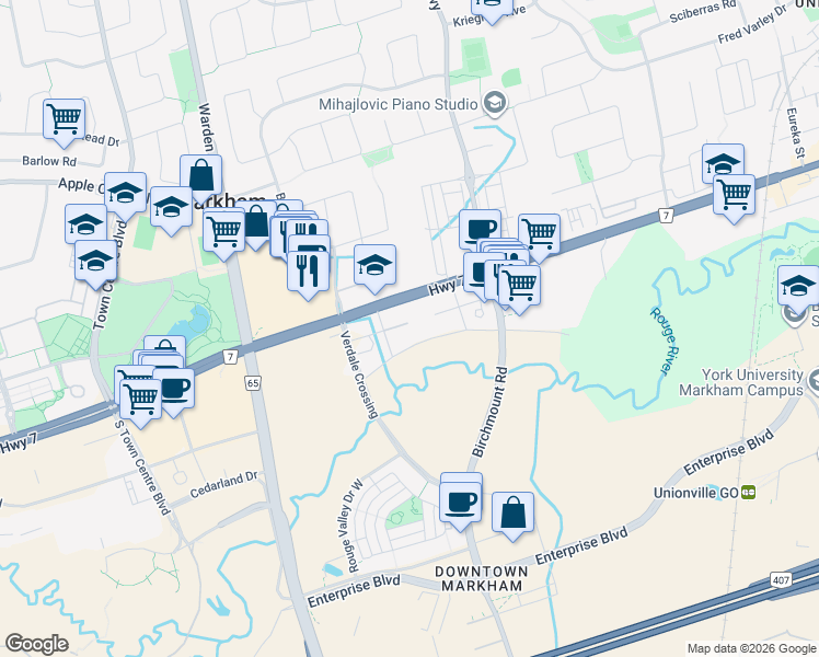 map of restaurants, bars, coffee shops, grocery stores, and more near 15 Water Walk Drive in Markham