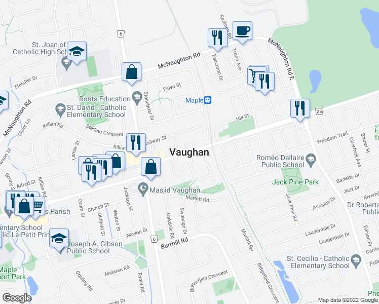 map of restaurants, bars, coffee shops, grocery stores, and more near 241 Stormont Trail in Vaughan