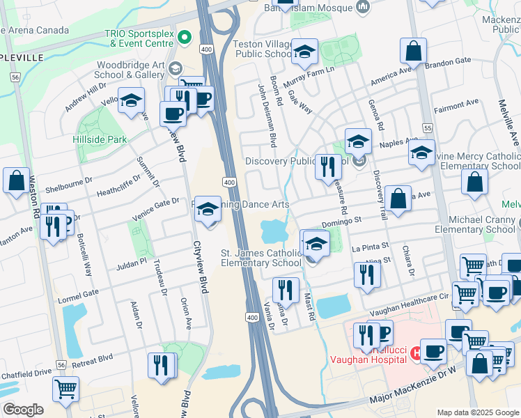 map of restaurants, bars, coffee shops, grocery stores, and more near 144 Convoy Crescent in Vaughan