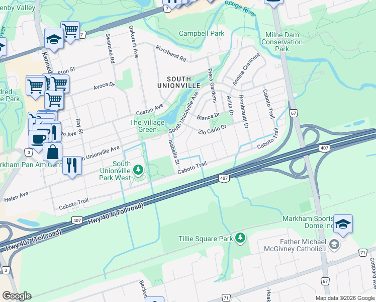 map of restaurants, bars, coffee shops, grocery stores, and more near Lucien Street in Markham