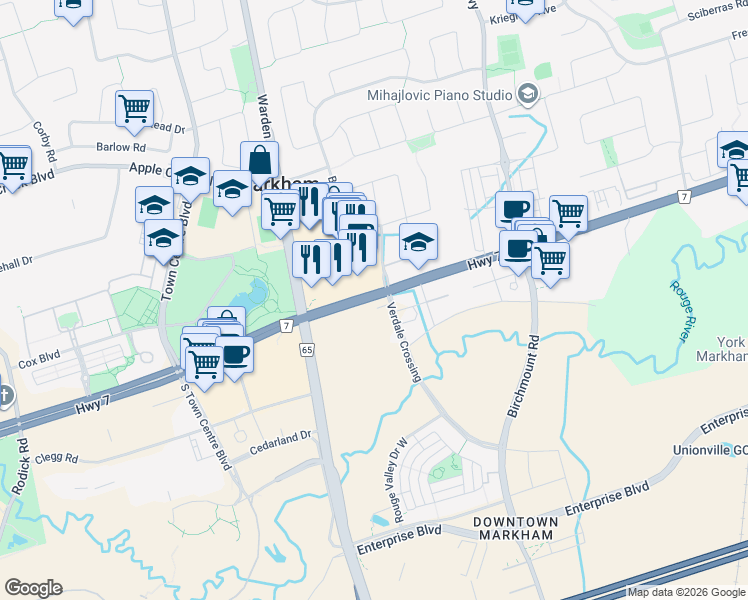 map of restaurants, bars, coffee shops, grocery stores, and more near 3825 Highway 7 in Markham