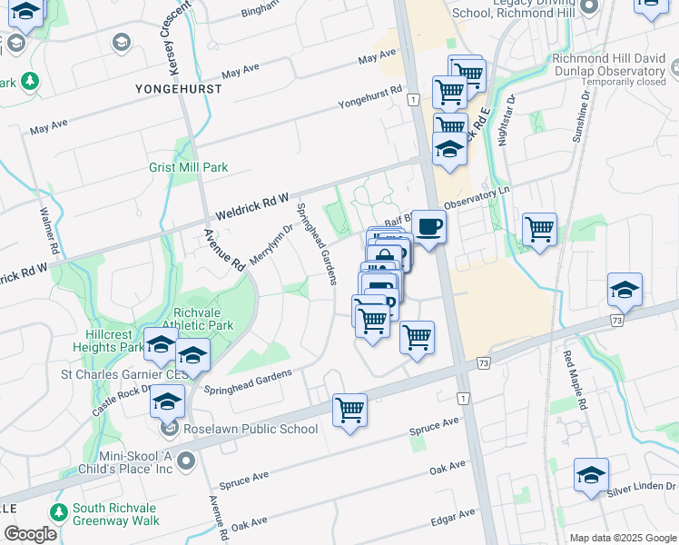 map of restaurants, bars, coffee shops, grocery stores, and more near 151 Springhead Gardens in Richmond Hill