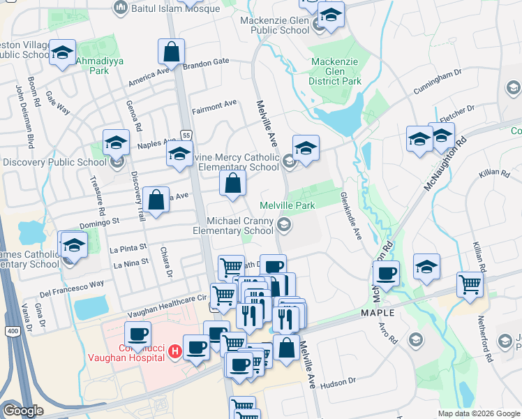 map of restaurants, bars, coffee shops, grocery stores, and more near 18 Inverness Close in Vaughan