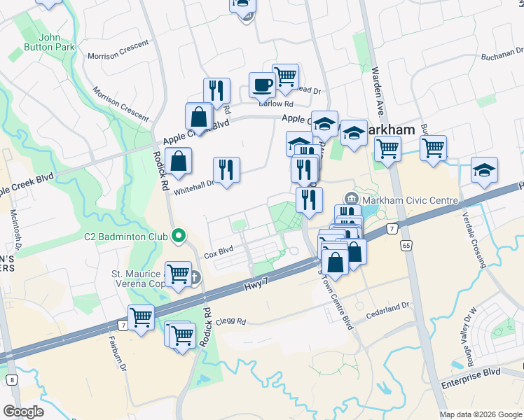 map of restaurants, bars, coffee shops, grocery stores, and more near 21 Saint Moritz Way in Markham