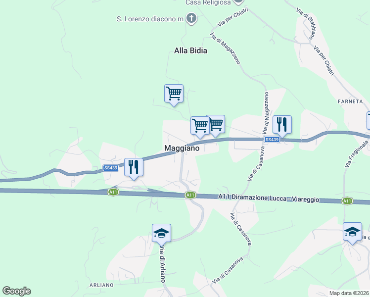 map of restaurants, bars, coffee shops, grocery stores, and more near 4701 Via Sarzanese in Maggiano