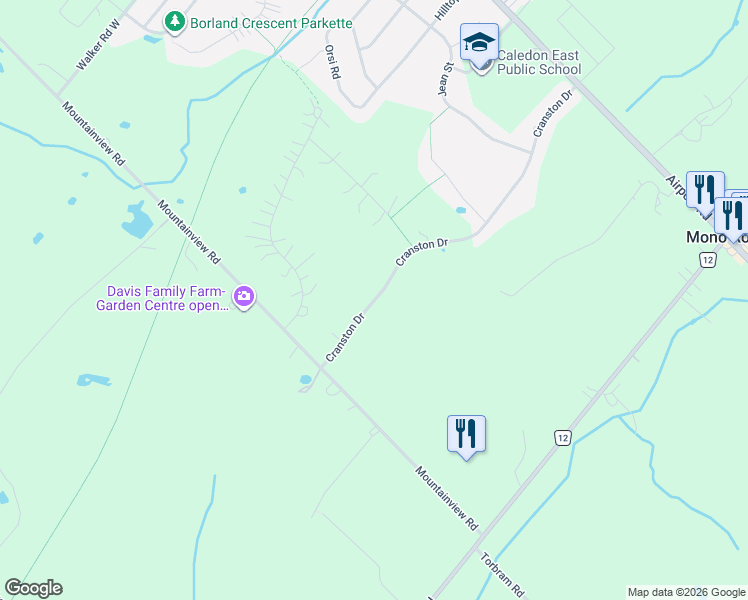 map of restaurants, bars, coffee shops, grocery stores, and more near 10 Cranston Drive in Caledon East