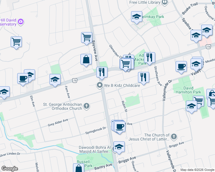 map of restaurants, bars, coffee shops, grocery stores, and more near 9275 Bayview Avenue in Richmond Hill