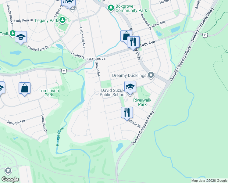 map of restaurants, bars, coffee shops, grocery stores, and more near 5 Coak Well Drive in Markham