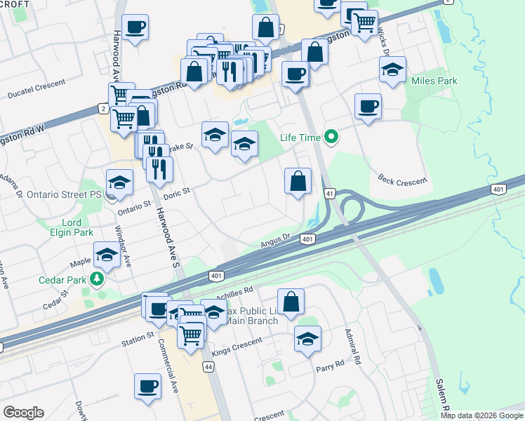 map of restaurants, bars, coffee shops, grocery stores, and more near 49 Dobson Drive in Ajax