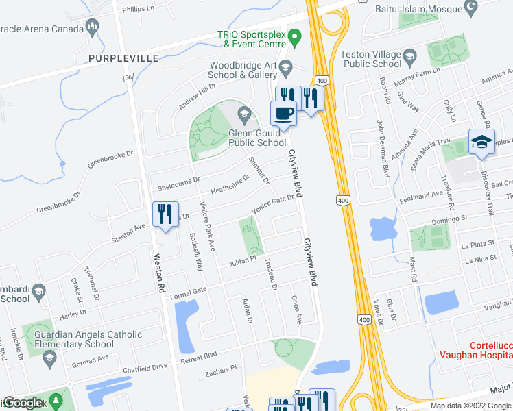 map of restaurants, bars, coffee shops, grocery stores, and more near 86 Venice Gate Drive in Vaughan