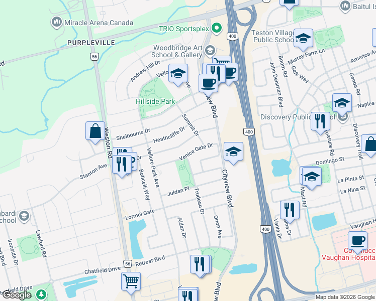 map of restaurants, bars, coffee shops, grocery stores, and more near 86 Venice Gate Drive in Vaughan