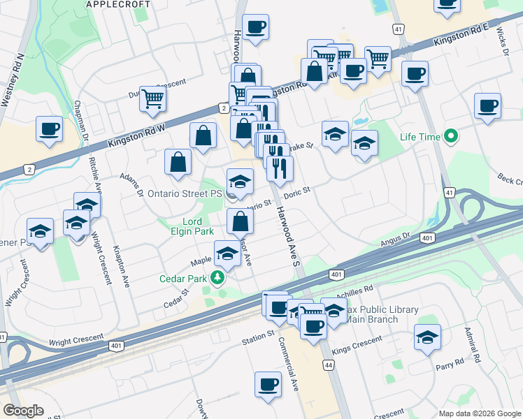 map of restaurants, bars, coffee shops, grocery stores, and more near 13 Ontario Street in Ajax