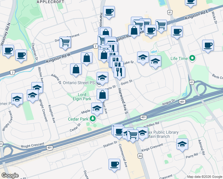 map of restaurants, bars, coffee shops, grocery stores, and more near 13 Ontario Street in Ajax