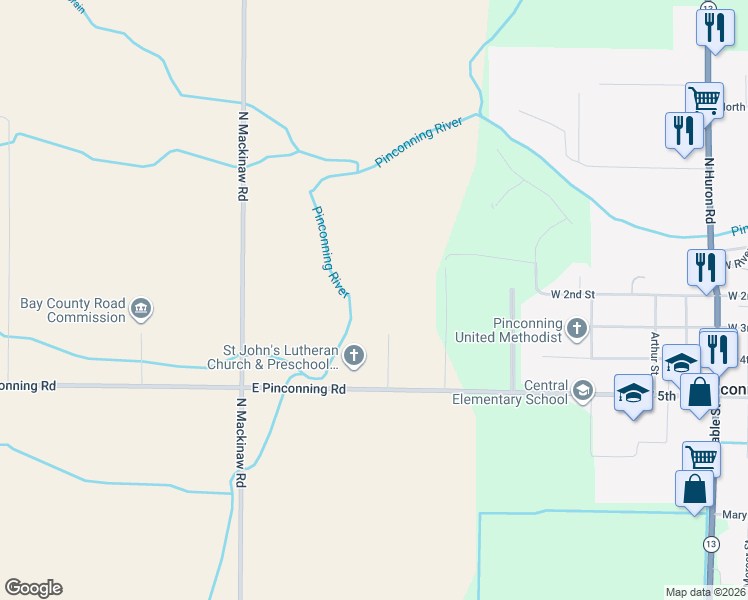 map of restaurants, bars, coffee shops, grocery stores, and more near 1653 East Pinconning Road in Pinconning