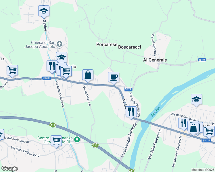 map of restaurants, bars, coffee shops, grocery stores, and more near 2234 Strada Statale 439 in Lucca