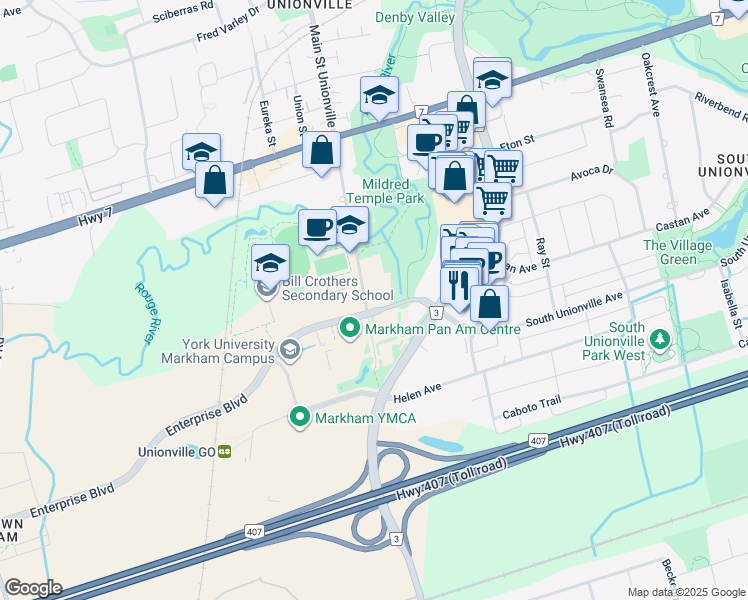 map of restaurants, bars, coffee shops, grocery stores, and more near 10 Unionville Gate in Markham