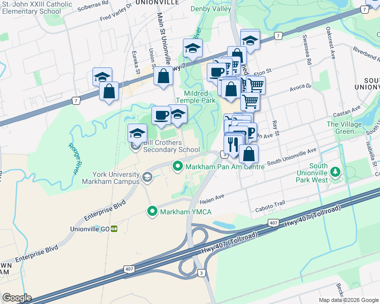 map of restaurants, bars, coffee shops, grocery stores, and more near 10 Unionville Gate in Markham
