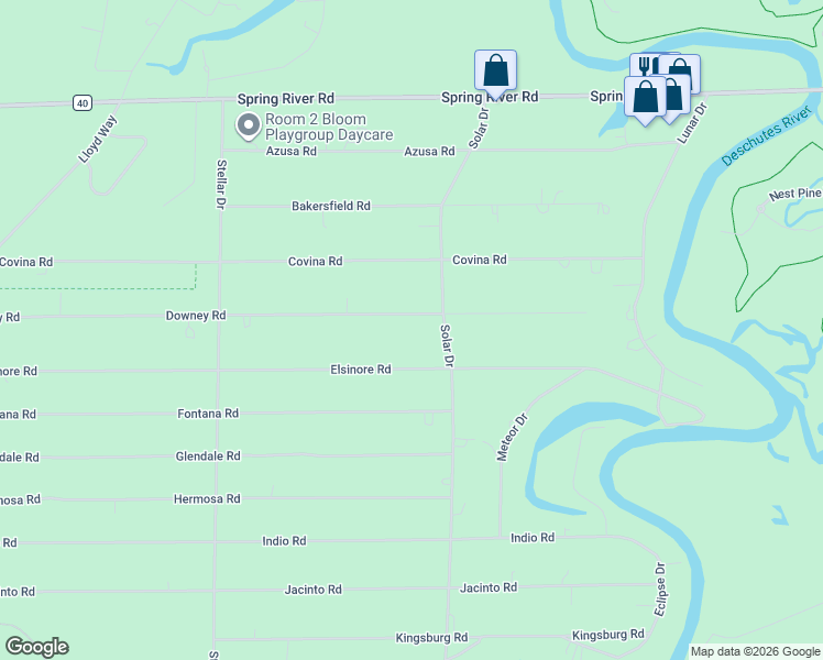 map of restaurants, bars, coffee shops, grocery stores, and more near 17164 Downey Road in Bend