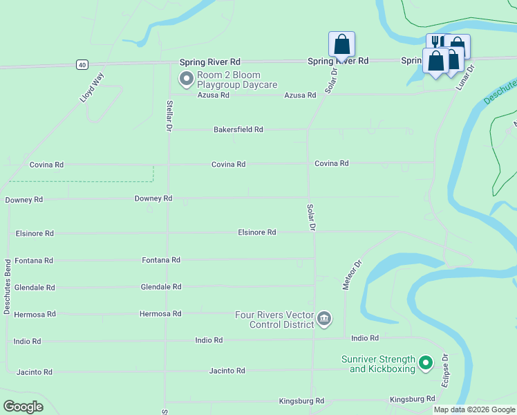 map of restaurants, bars, coffee shops, grocery stores, and more near 17124 Downey Road in Bend