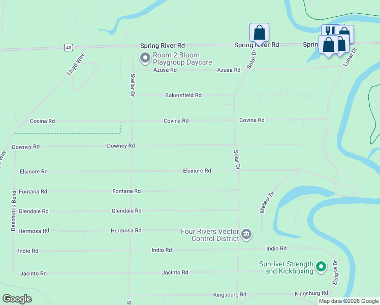 map of restaurants, bars, coffee shops, grocery stores, and more near 17124 Downey Road in Bend