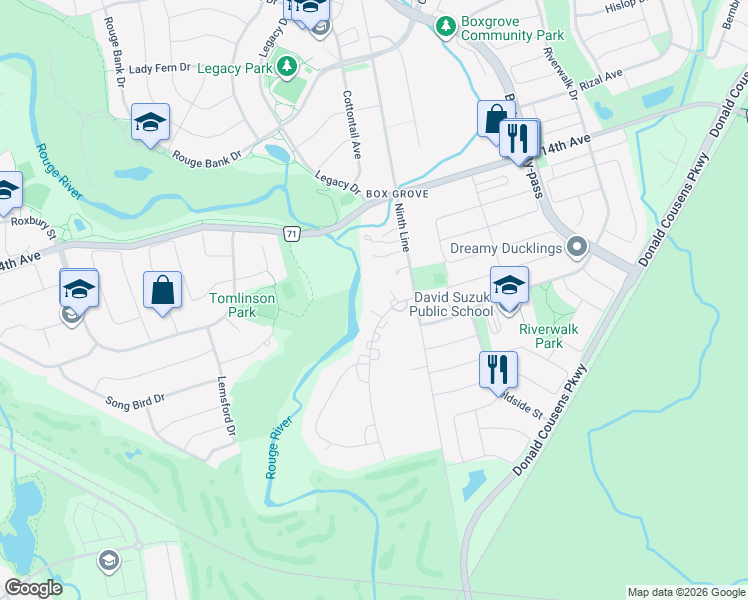 map of restaurants, bars, coffee shops, grocery stores, and more near 7682 Ninth Line in Markham