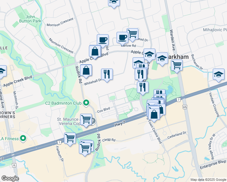 map of restaurants, bars, coffee shops, grocery stores, and more near 151 Whitehall Drive in Markham
