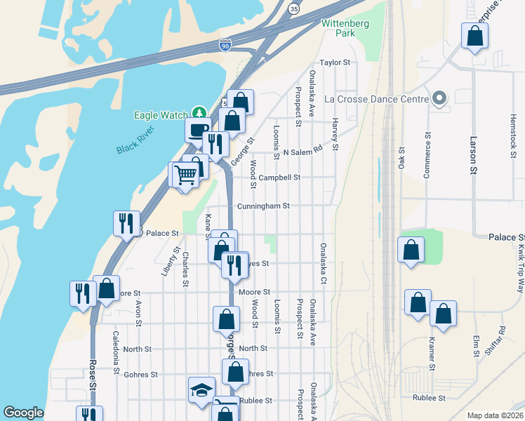 map of restaurants, bars, coffee shops, grocery stores, and more near 2411 Loomis Street in La Crosse