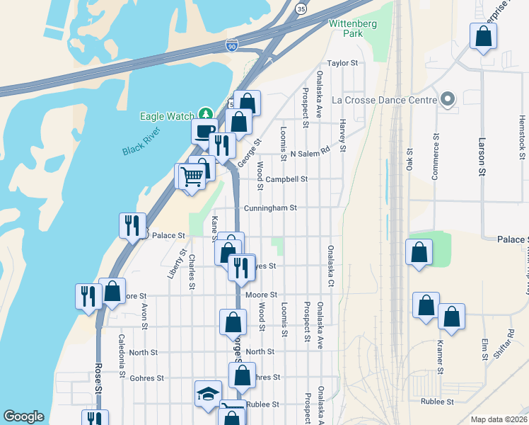 map of restaurants, bars, coffee shops, grocery stores, and more near 2411 Loomis Street in La Crosse