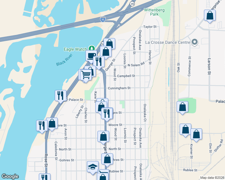 map of restaurants, bars, coffee shops, grocery stores, and more near 2411 Wood Street in La Crosse