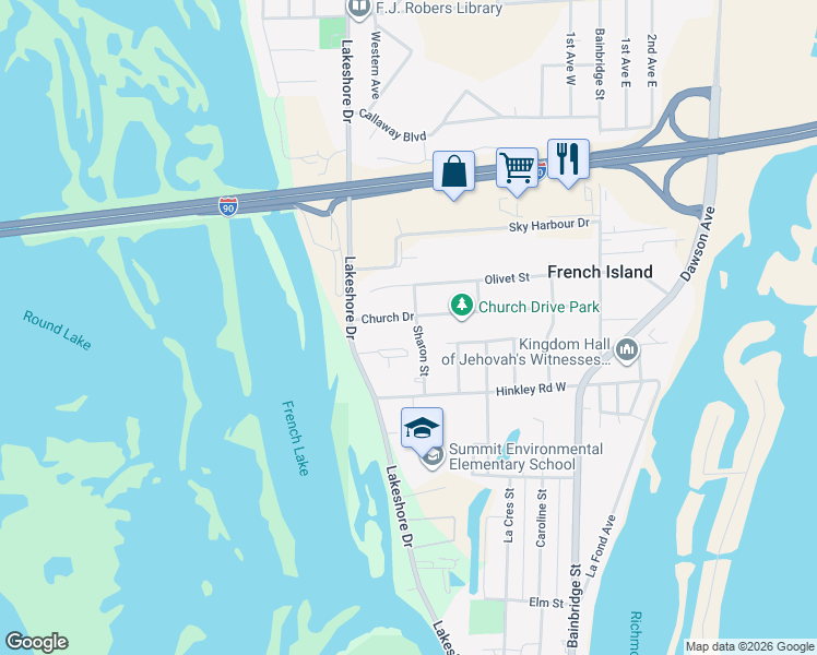map of restaurants, bars, coffee shops, grocery stores, and more near 401 Church Drive in La Crosse