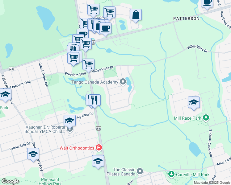 map of restaurants, bars, coffee shops, grocery stores, and more near 22 Thornhill Ravines Crescent in Vaughan