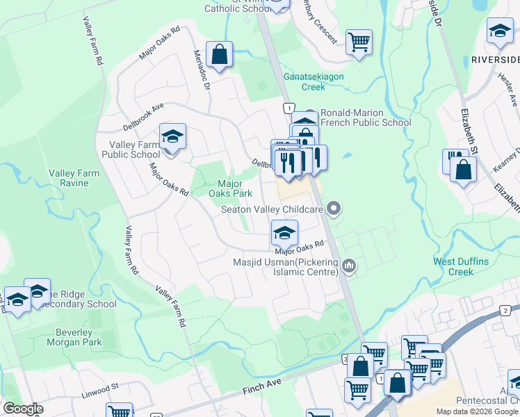 map of restaurants, bars, coffee shops, grocery stores, and more near 2154 Denby Drive in Pickering