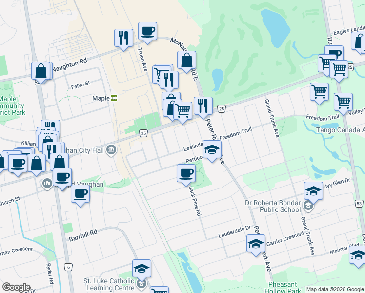 map of restaurants, bars, coffee shops, grocery stores, and more near 70 Lealinds Road in Vaughan