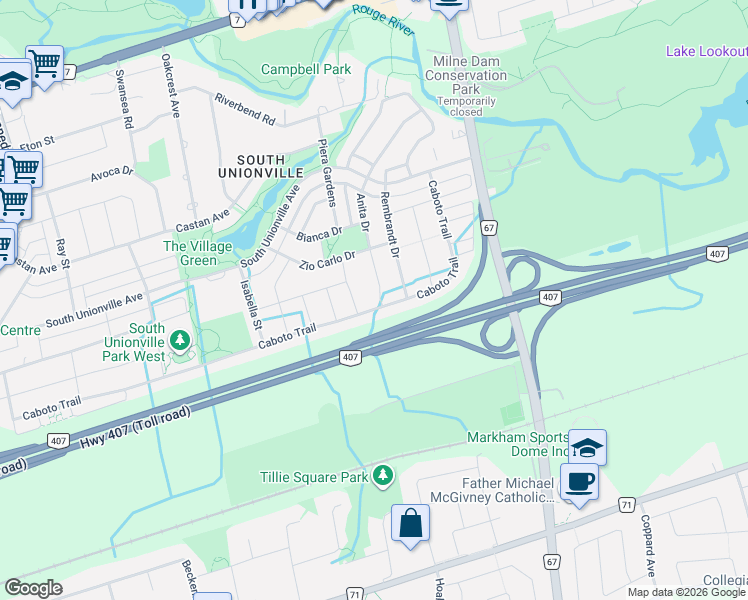 map of restaurants, bars, coffee shops, grocery stores, and more near 20 Anita Drive in Markham