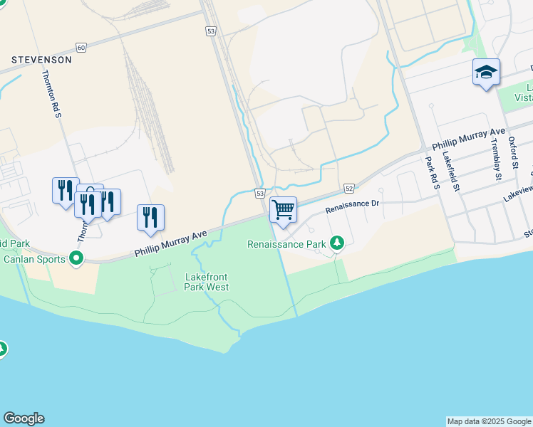 map of restaurants, bars, coffee shops, grocery stores, and more near Stevenson Rd S & Phillip Murray Ave in Oshawa