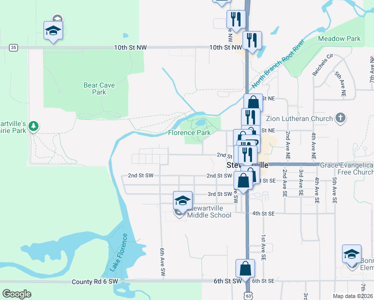 map of restaurants, bars, coffee shops, grocery stores, and more near 407 2nd Street Northwest in Stewartville