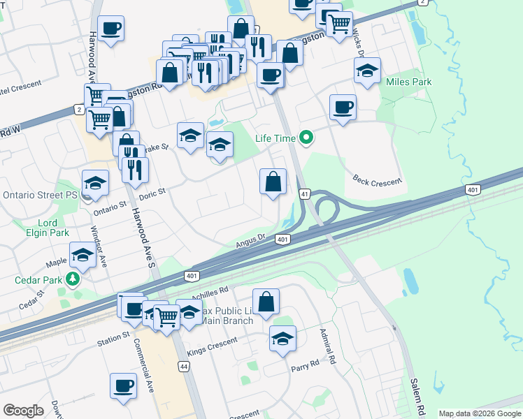 map of restaurants, bars, coffee shops, grocery stores, and more near Barnes Drive in Ajax