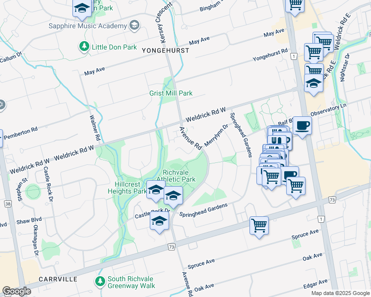 map of restaurants, bars, coffee shops, grocery stores, and more near 14 Leora Court in Richmond Hill
