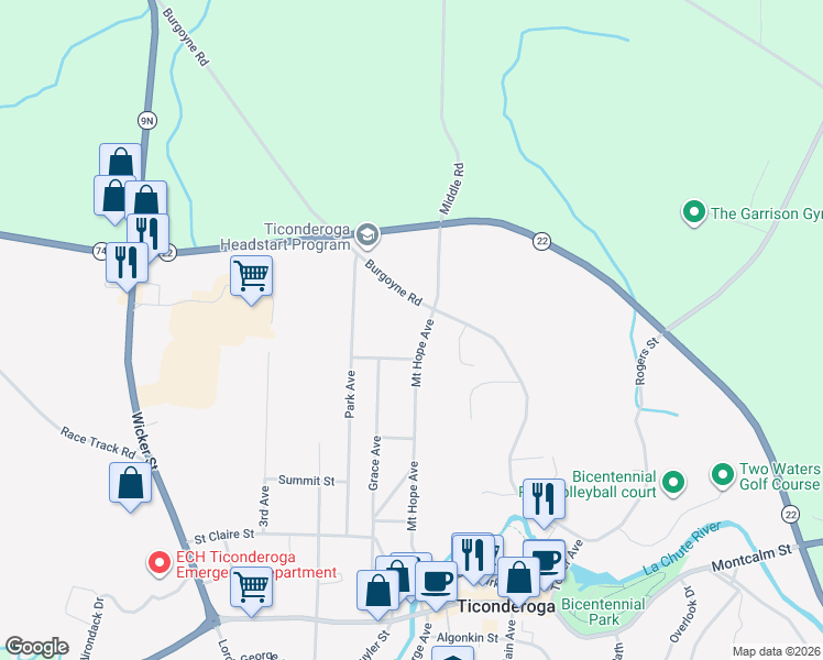 map of restaurants, bars, coffee shops, grocery stores, and more near 260 Burgoyne Road in Ticonderoga