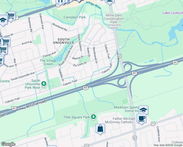 map of restaurants, bars, coffee shops, grocery stores, and more near 20 Anita Drive in Markham