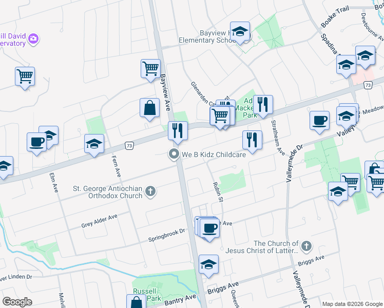 map of restaurants, bars, coffee shops, grocery stores, and more near 9275 Bayview Avenue in Richmond Hill