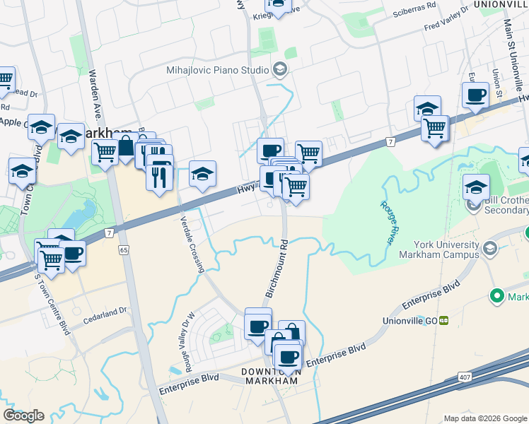 map of restaurants, bars, coffee shops, grocery stores, and more near 3989 Highway 7 in Markham