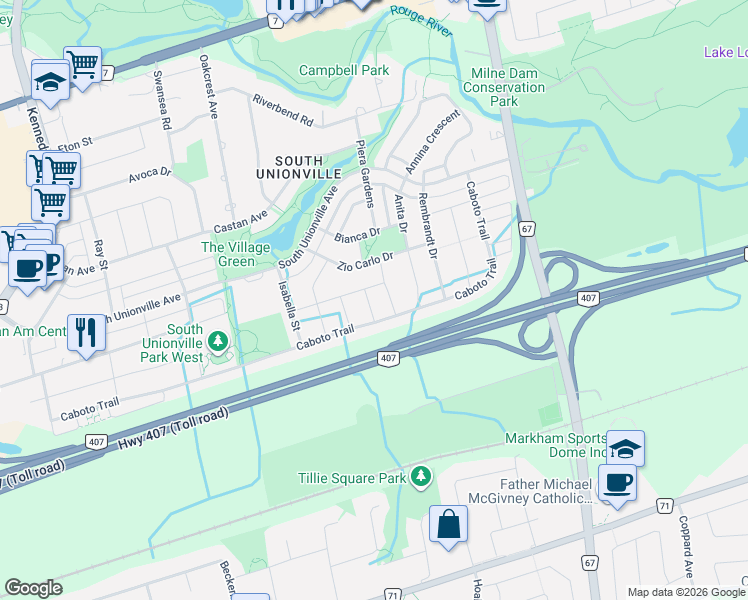 map of restaurants, bars, coffee shops, grocery stores, and more near 15 Vineland Street in Markham